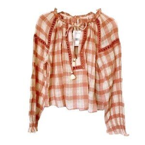 Free People - Honey Grove Plaid Top, size XS,  orange red white, NWT